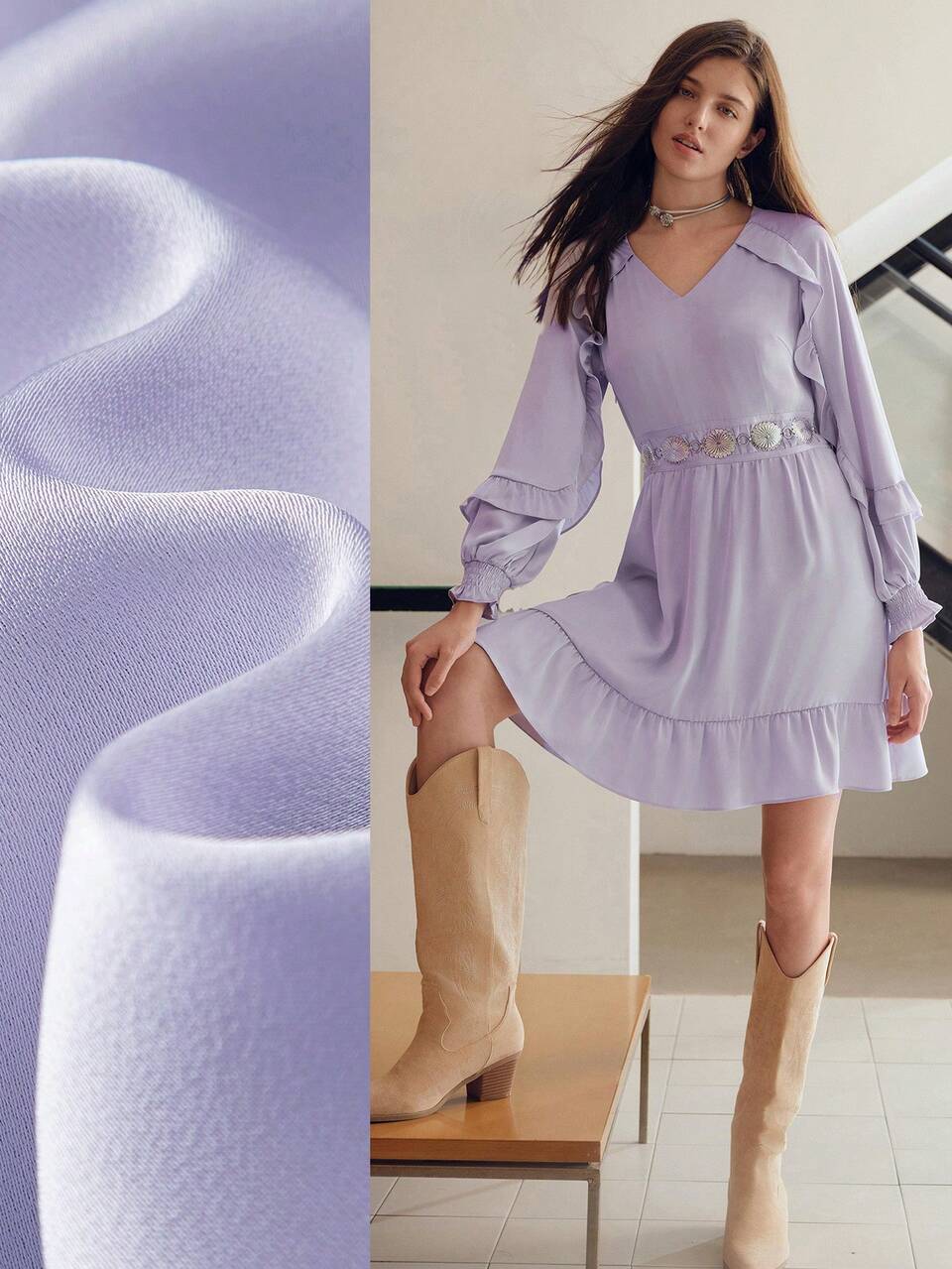 MOTF STUDIO SOLID V-NECK RUFFLE TRIM FLARE SLEEVE SHORT DRESS WITHOUT BELT