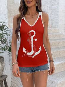 SHEIN LUNE Women's V-Neck Anchor Print Sleeveless Casual Tank Top For Summer