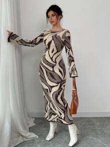 Selianne 女式修身喇叭袖图案针织毛衣连衣裙，秋冬季 - 彩色 - 查看 4