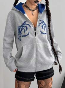 SHEIN Unity 万圣节图案拼色拉链连帽衫运动衫夹克 - 淺灰色 - 查看 7