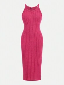 SHEIN Vestido casual rosa sin mangas de punto con cuello halter para adolescente - Rosa Fucsia - Ver 1