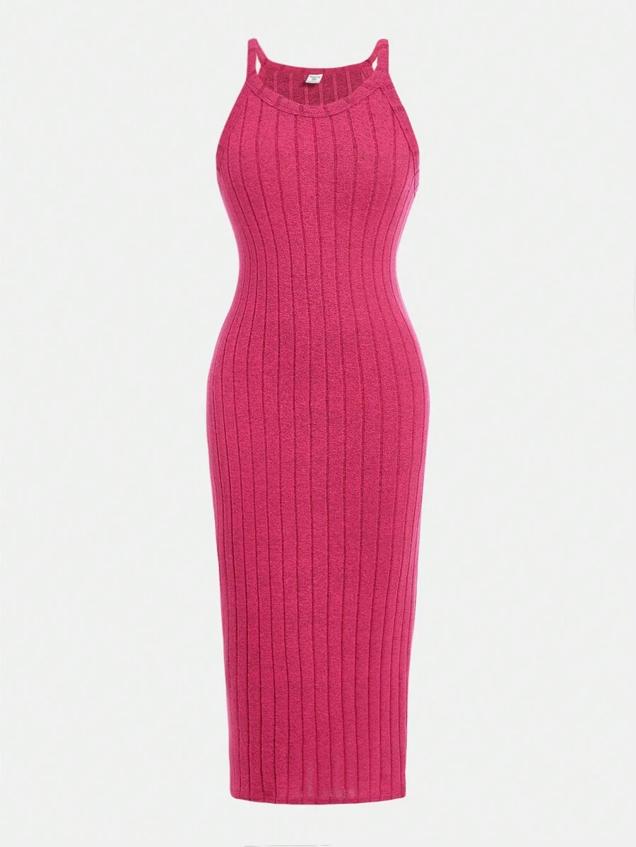 SHEIN Vestido casual rosa sin mangas de punto con cuello halter para adolescente - Rosa Fucsia - Ver 1