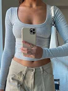 INAWLY Solva Camiseta de manga larga ajustada de cuello redondo de unicolor para mujer para primavera y verano