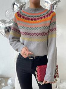 SHEIN LUNE Women's Fall Retro Style Geo Pattern Long Sleeve Sweater, Knit Pullover Fall Winter - Multicolor - View 7