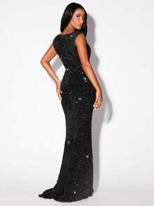 Zolique Robes de graduation à paillettes taille haute fendue queue de poisson robe longue élégante pour femmes, robe de soirée, robe de cérémonie, robe noire élégante pour tenue de fête, robe longue pour femmes - Noir - Voir 2