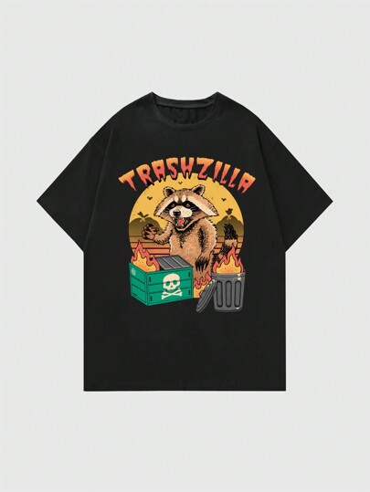 Vincenttrinidadart Women's Summer Casual Round Neck Short Sleeve Letter & Raccoon Print T-Shirt