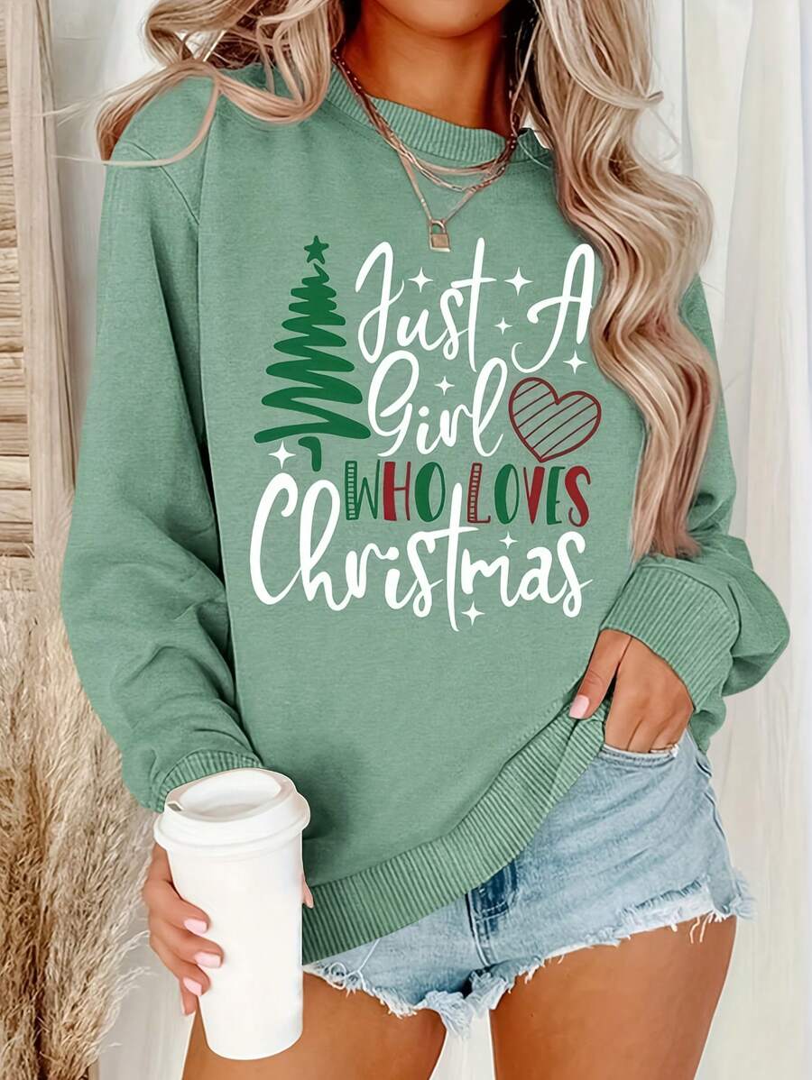 SHEIN Unity Christmas Minimalist English Versatile Holiday Young Women's Casual Comfortable Street Loose Autumn And Winter Spring Fashion Home Fashion Thin Sweatshirt,Long Sleeve Tops Pullover Fall Outfit - Mint Green - View 1