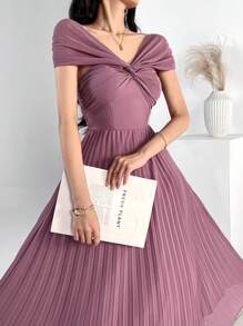 Modelyn 女士纯色简约褶皱短袖休闲连衣裙 - 藕粉色 - 查看 3