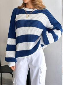 EURMUSE Women Stripe Pattern Round Neck Drop Shoulder Pullover - Multicolor - View 6