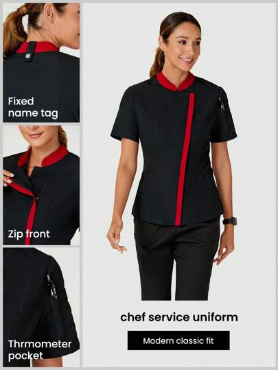 TaskEZ Shein Kock Kläder för kvinnor (Kockens Uniform Röd Kontrasterande Kortärmad Fritidspendling Arbetskläder