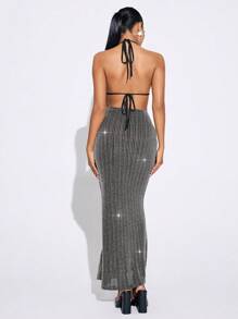 SHEIN SXY Czarna sukienka wieczorowa, srebrna sukienka z brokatem, seksowna sukienka damska, sukienka z wycięciami - Czarne - Zobacz 2