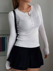 DAZY Women's Solid Color Minimalist Daily Wear Knitted Sweater, Long Sleeve Fall - White - View 7