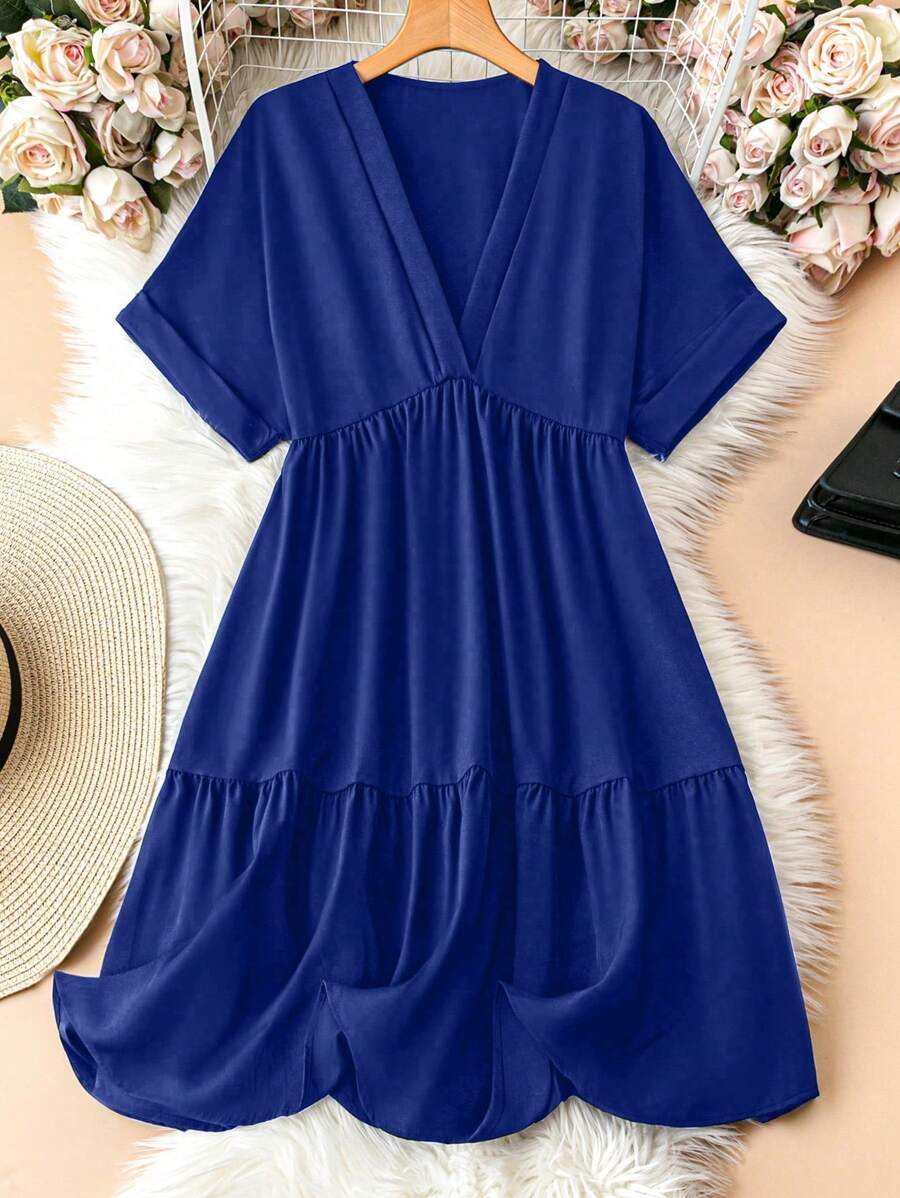 SHEIN LUNE Plus Size V-Neck Ruffle Hem Solid Color Short Sleeve Dress For Summer - Royal Blue - View 1