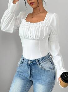 Selianne 女士纯色简约日常喇叭袖方领衬衫、长袖上衣 - 白色 - 查看 4