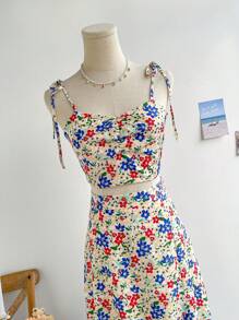 Soleia 2 件套女士浪漫碎花吊带荷叶边上衣和 A 字裙套装，休闲返校/秋季度假装 - 彩色 - 查看 2