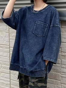 FRIFUL Women Simple Solid Color Round Neck Loose Slit Hem Sweatshirt - Blue - View 9