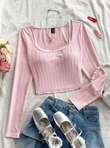 Soleia 女士度假仿分层蕾丝边纹理长袖针织 T 恤，时尚粉色 - 粉色 - 查看 6