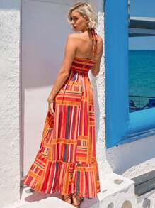 SHEIN VCAY Robe sans manches à col suspendu pour femme en vacances à motif rayé multicolore