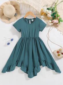 Young Girls Casual Comfortable Asymmetric Ruffle Waist Pleated Solid Color Short Sleeve Dress