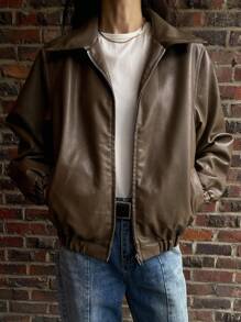 DAZY Thick Solid Color Casual Leather Jacket, Autumn,Fall Women Clothes - Brown - View 3