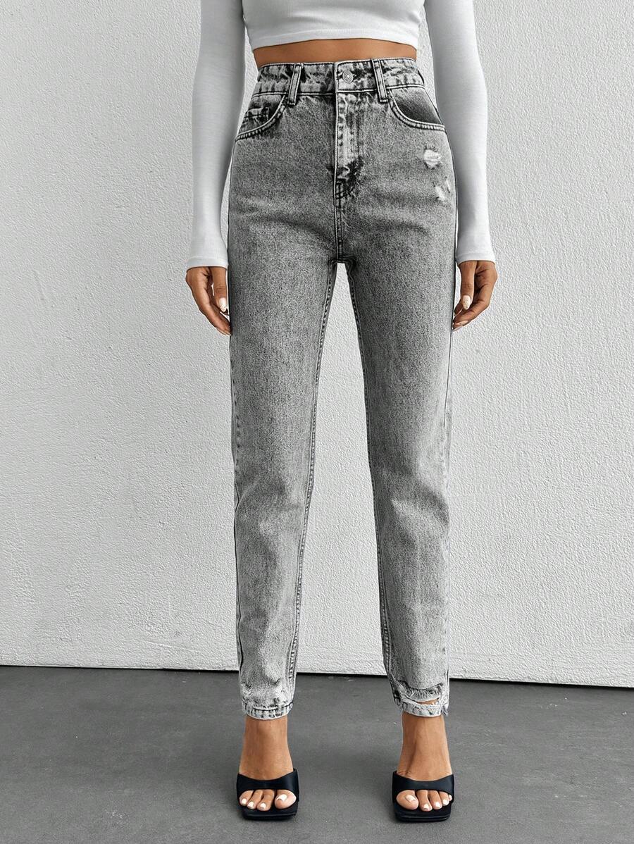 EURMUSE High Waist Ripped Mom Fit Jeans - Grey - View 1