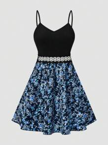 SHEIN LUNE Women's Casual Floral Patchwork Strap Dress - Blue - View 4