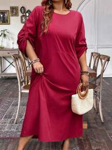 SHEIN Unity Robe décontractée à manches longues et col rond de couleur unie, grande taille pour femmes - Rouge foncé - Voir 5