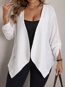 Calvaya Chaqueta informal con mangas vueltas y apertura delantera de unicolor para mujer talla grande, primavera y otoño