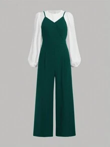 SHEIN 2pcs/Set Teen Girls' Lantern Sleeve Shirt With Knit Camisole And Casual Pants Outfit