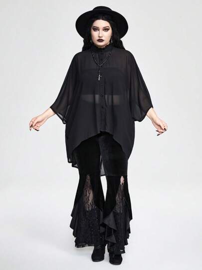 Goth Plus Size Women's Summer Solid Color Asymmetric Hem Batwing Sleeve Chiffon Blouse