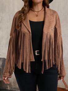 SHEIN LUNE Plus Size Faux Suede Fringe Jacket, For Winter - Brown - View 5