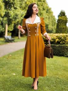 Vintamour 复古优雅女士长袖连衣裙，撞色领姜黄色中长连衣裙秋装返校节礼服教师服女士生日礼服女士连衣裙优雅商务休闲女士礼服 - 棕色 - 查看 4