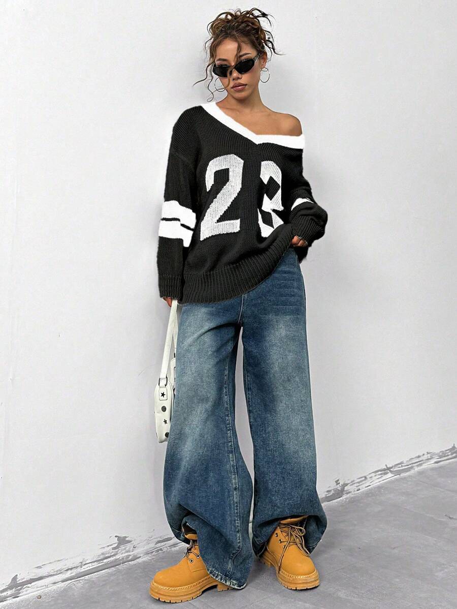 StreetHx 女士时尚V领数字图案针织毛衣，长袖上衣，秋冬针织套头衫 - 黑與白 - 查看 1