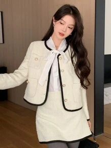 Dazy X KIMYOUJUNG Collection Color Block Long Sleeve Round Neck Loose Pocket Women's Jacket,Fall Women Clothes Women Coats - Beige - View 7