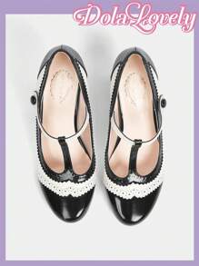 Dola Lovely Giày cao gót nữ đen trắng Mary Jane phong cách cổ điển Lolita họa tiết ren thu - Đen và trắng - Xem 5
