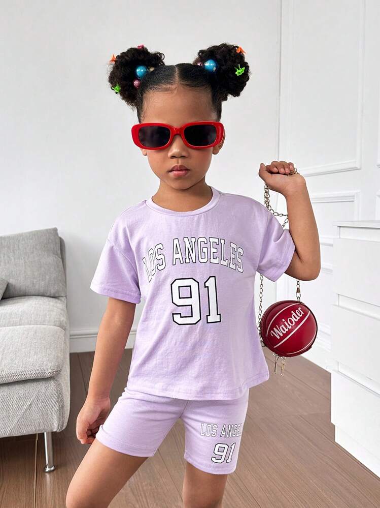 SHEIN Young Girl Letter Graphic Drop Shoulder Tee & Shorts - Lilac Purple - View 1