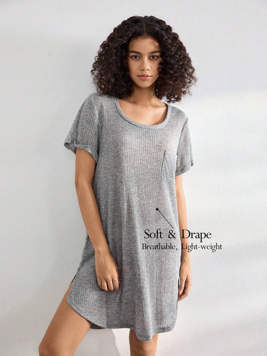 Ocili Leisure Women Crew Neck Short Sleeve Casual Ribbed T-Shirt Nightdress