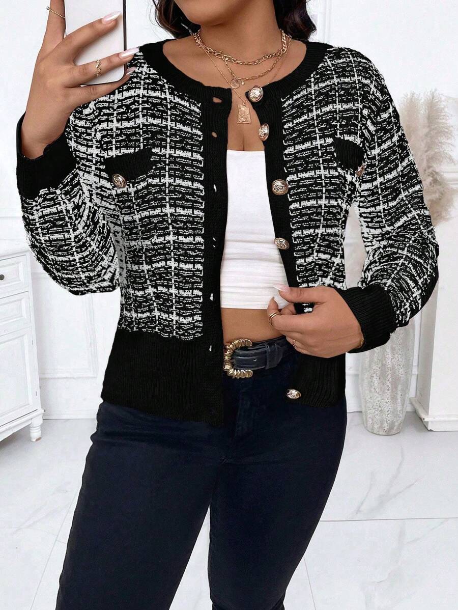 Calvaya Plus Size Women's Plaid Long Sleeve Cropped Casual Cardigan, Autumn/Winter - Black and White - View 1