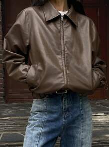 DAZY Thick Solid Color Casual Leather Jacket, Autumn,Fall Women Clothes - Brown - View 7