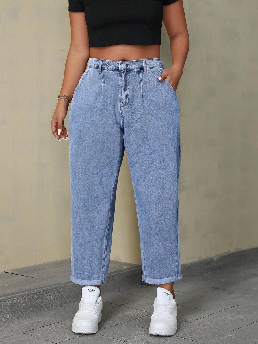 SHEIN CURVE+ Plus Size Women Denim Pants With Pleated Leg, Conical Leg Shape, Non-Stretch - Blue - View 1