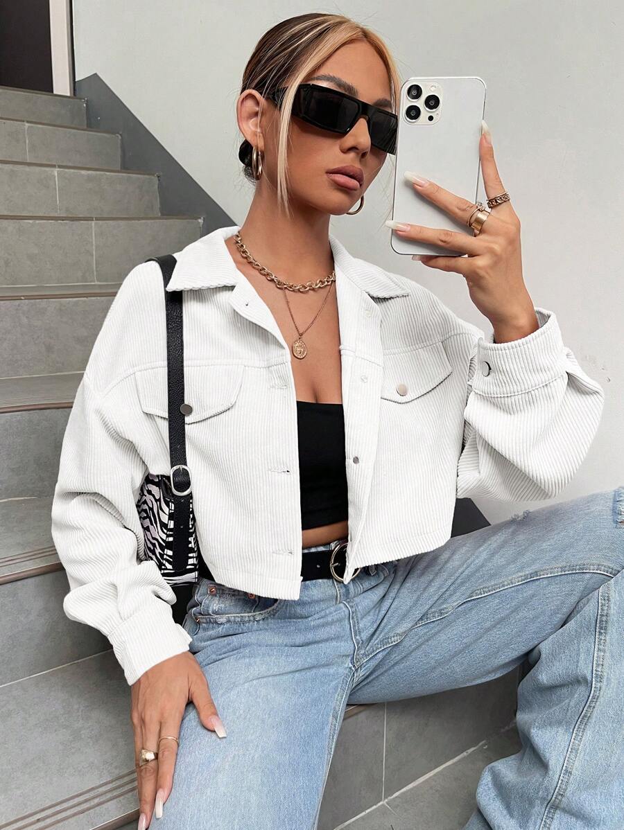 SHEIN EZwear Spring Autumn Casual Short Corduroy Jacket - White - View 1