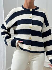 EURMUSE 女士条纹圆领前扣开衫