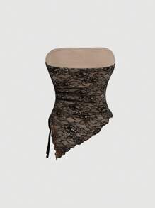 SHEIN MOD Top bandeau negro de encaje para mujer, top negro, top corset, ropa, top hombros descubiertos