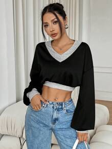 Flirla Women's V-Neck Contrast Color Casual Long Sleeve Sweatshirt Pullover Fall Sweatshirt - Black - View 4