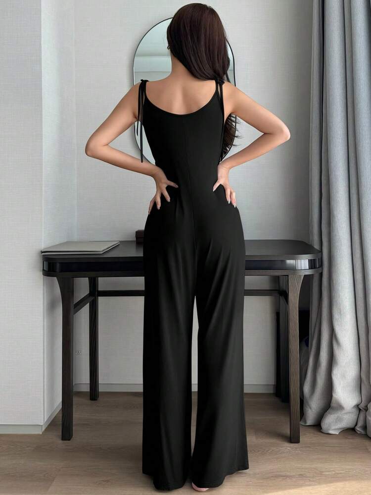 1pc Black Knitted Drawstring Overall Jumpsuit Loungewear Pajama
