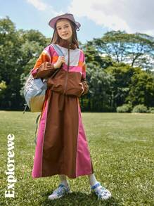 SHEIN 2 piezas/Conjunto Chaqueta con cuello alto y falda maxi de color bloque de contraste casual para niñas, adecuado para viajes al aire libre y estilo de calle urbana