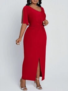 Fleurora Robe de fête de Noël Robe longue élégante slim d'été fendue avec un twist rose rouge pour les femmes de grande taille - Rouge - Voir 6