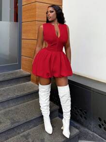 Slaydiva Thời trang mới Váy bong bóng không tay cho kỳ nghỉ thường ngày - Màu Đỏ Sâu - Xem 3