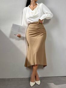 Modelyn 女士纯色褶皱优雅半身裙，适合商务/工作/鸡尾酒会/婚礼/日常/毕业女士半身裙