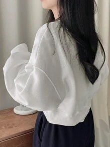 DAZY 女士字母刺绣圆领长袖套头衫、长袖上衣、秋装 - 白色 - 查看 2